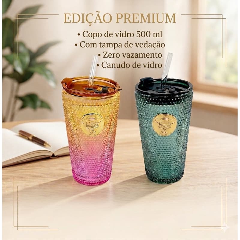 Copo de vidro com tampa 500ml com canudo de vidro