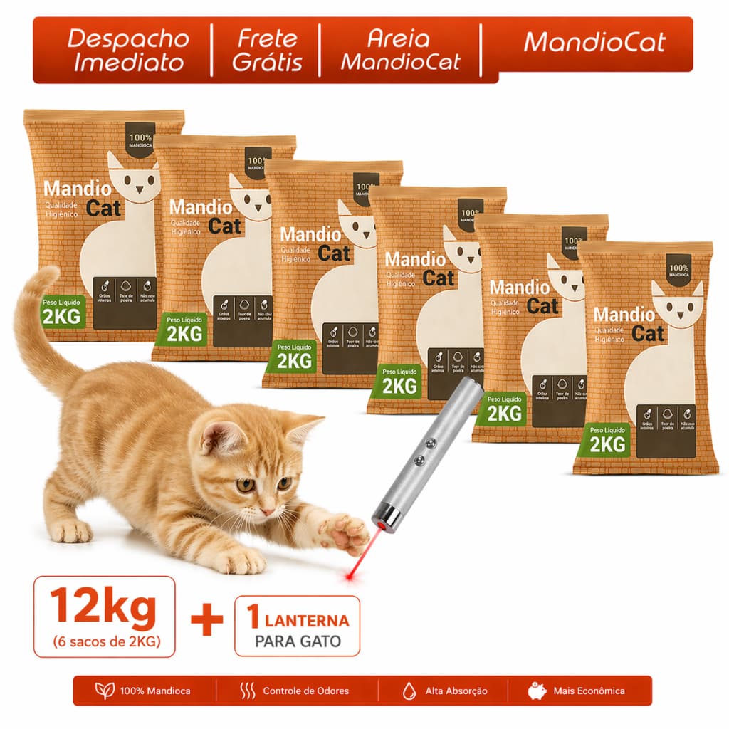 Areia 12kg MandioCat Biodegradável  -Mandioca - Grãos Finos - MAIS BARATA Areia de Gato FULL