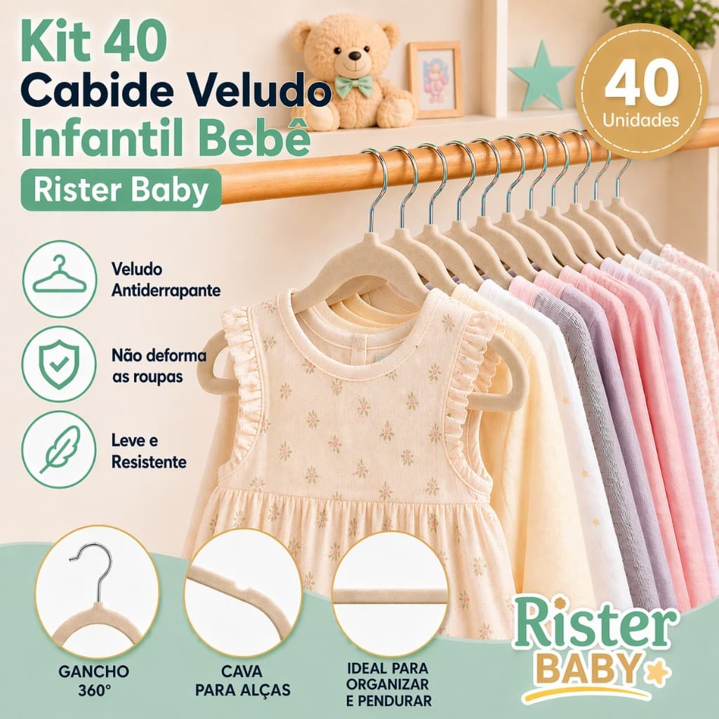 Kit 40 Cabide Bebê Veludo Antideslizante Infantil Rister Baby