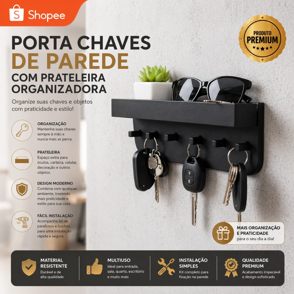 Porta Chaves De Parede Com Prateleira Organizadora