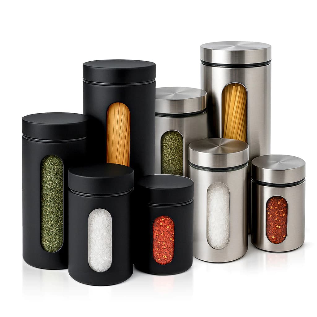 Kit 4 Potes Vidro Inox condimentos Hermetico conserva mantimentos visor cozinha decoração Preto/Prata