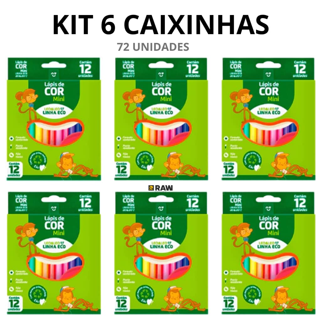 Lápis de cor 12 cores - KIT 6 caixas - 72 unidades - Leo & Leo - Meio lápis lembrancinha