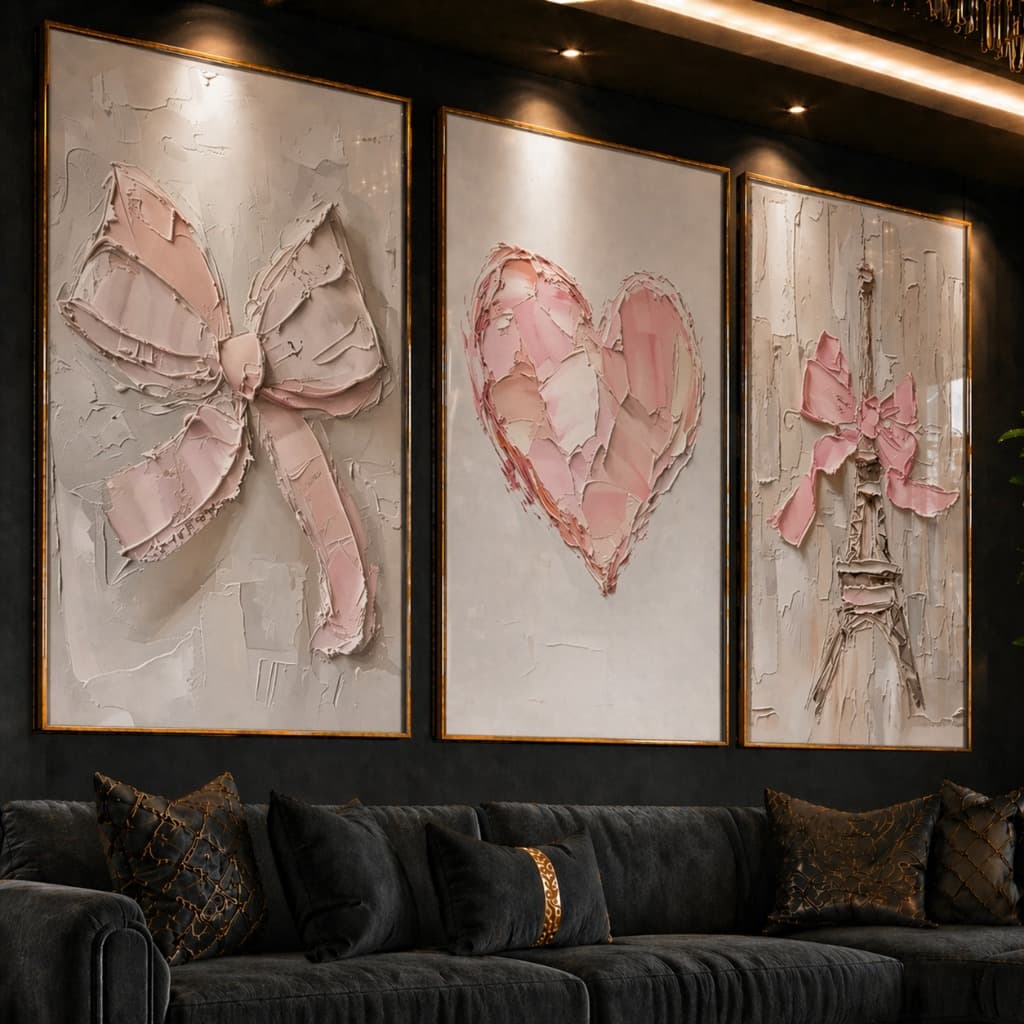 Quadro Decorativo corações e torres rosa feminino 3 peças