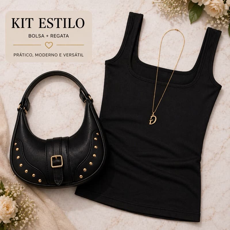 Kit Regata Blusa Feminina poliamida forrada Decote Quadrado Elegante Alça Grossa Tendencia + bolsa taxinha Verao