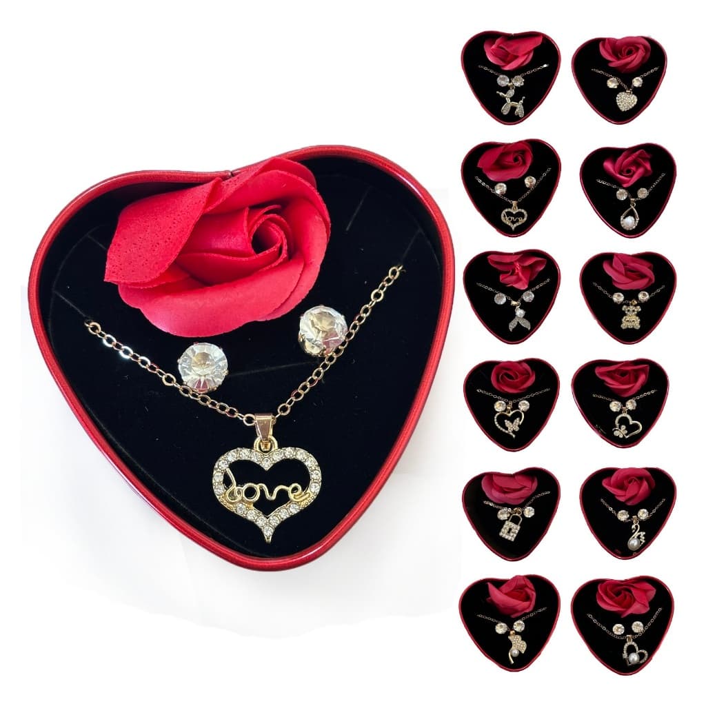 Kit Colar, Brinco e Rosa Com Caixa De Presente De Metal Coração Latinha Aniversário, Dia das Mães e Dia dos Namorados