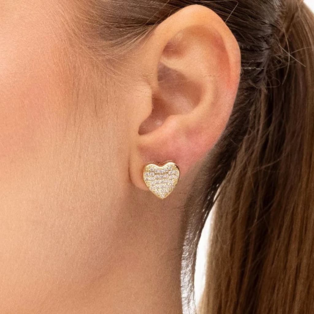 Brinco Coração Feminino Cravejado Banhado a Ouro 18k Dourado Mania De Madame