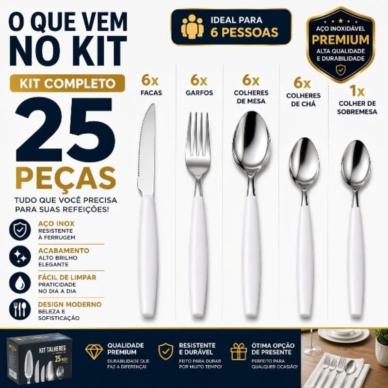 Talheres Inox 25 Peças Branco Faqueiro Completo Luxo Cozinha Mesa Posta