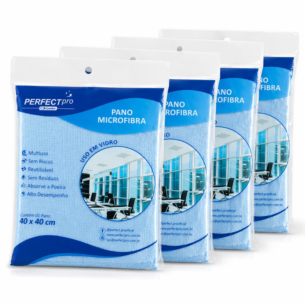 Kit 4 Panos Microfibra Limpa Vidros Telas Espelhos 40x40cm Azul Perfect Pro Condor Sem Fiapos