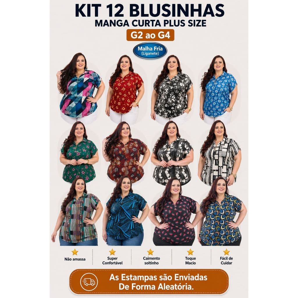 Kit 12 Blusas Plus Size Feminina Polo G2 G3 G4 Tecido Geladinho Não Amassa Roupa Feminina Oferta Top Atacado