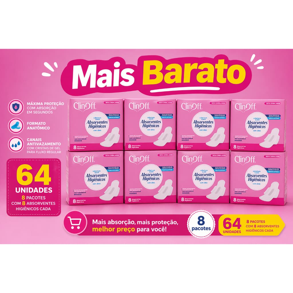 Kit 64un Absorvente Higiênico Cobertura Suave Com Abas 8 pcts