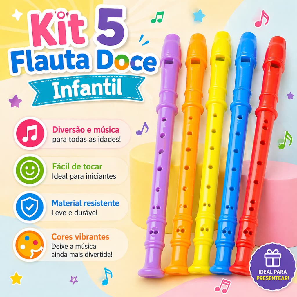 5 Flauta Doce instrumento Brinquedo Infantil Musica Kit Festa Lembrancinha