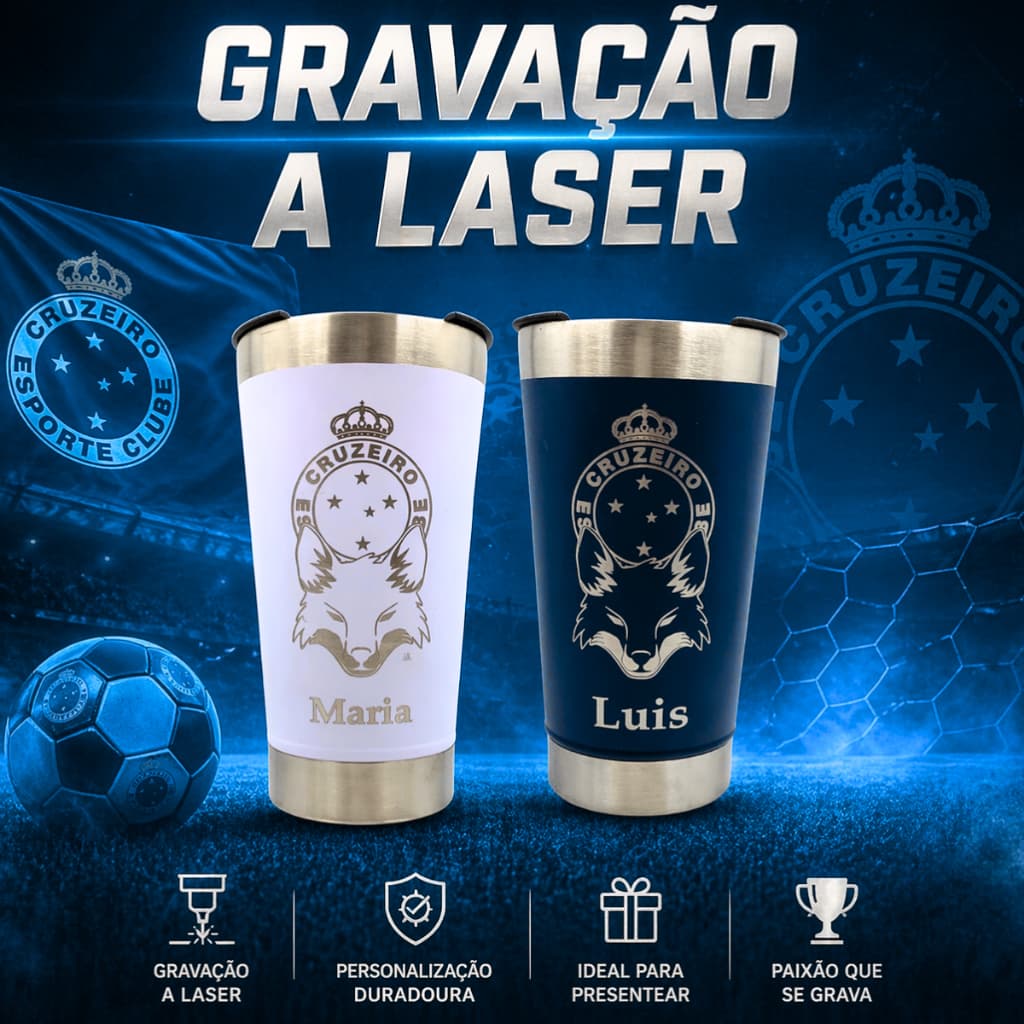 Copo Térmico Personalizado com tampa e abridor cruzeiro raposa com seu nome 473ml