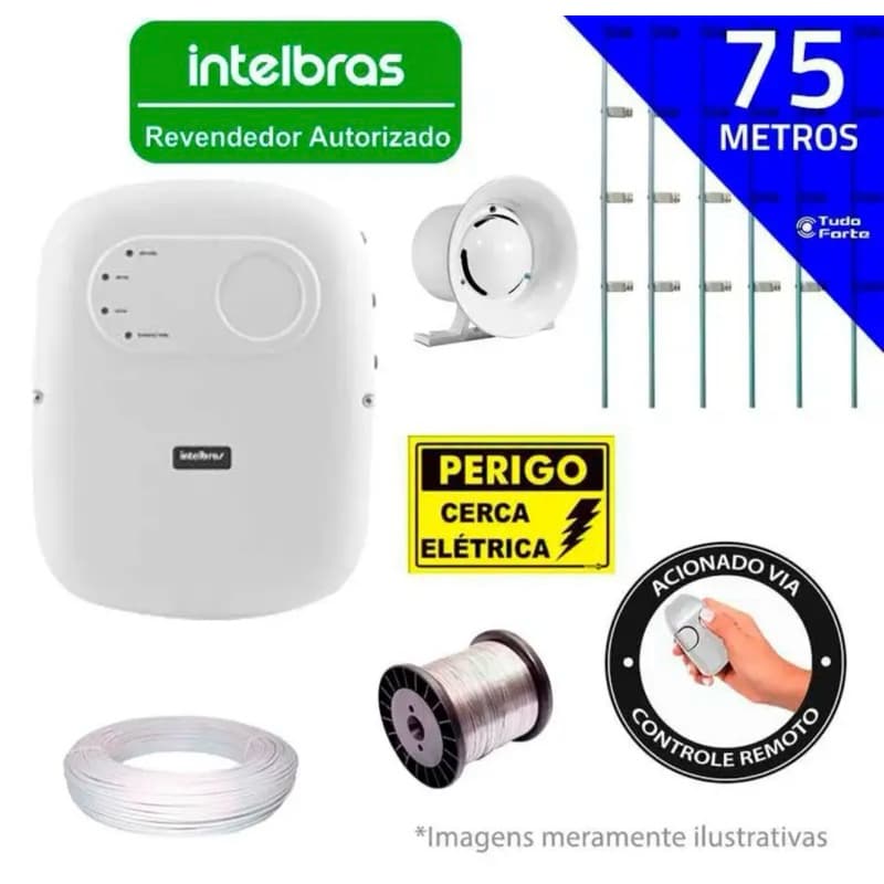 Kit de Cerca Elétrica para 75 metros Central Intelbras Liga/Desliga por Controle Remoto com Haste M + Acessórios