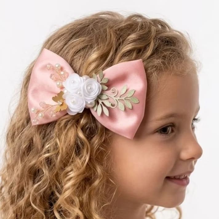 Laço Infantil Daminha Luxo Rose Seda Flores Pérolas Cristais Bico de Pato