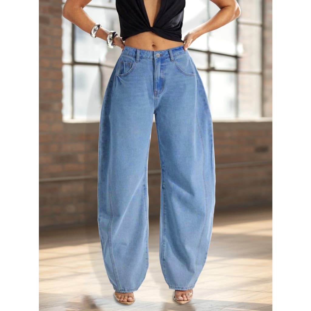Calça Jeans Feminina Wide Leg Baggy Estilo Mom Balão Barrel Cintura Alta 100% algodão