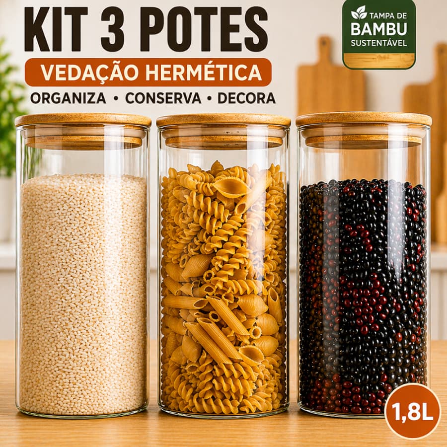 Kit 3 Potes Vidro Hermético 1800ml Tampa De Bambu Porta Mantimentos Alimentos Temperos Cozinha Casa