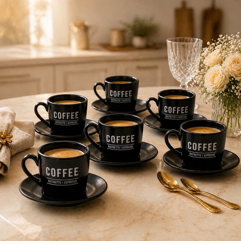 Kit Jogo de Xicaras cafe expresso De Porcelana 80 ml Preto com 2 ,4 e 6 xicaras com Pires