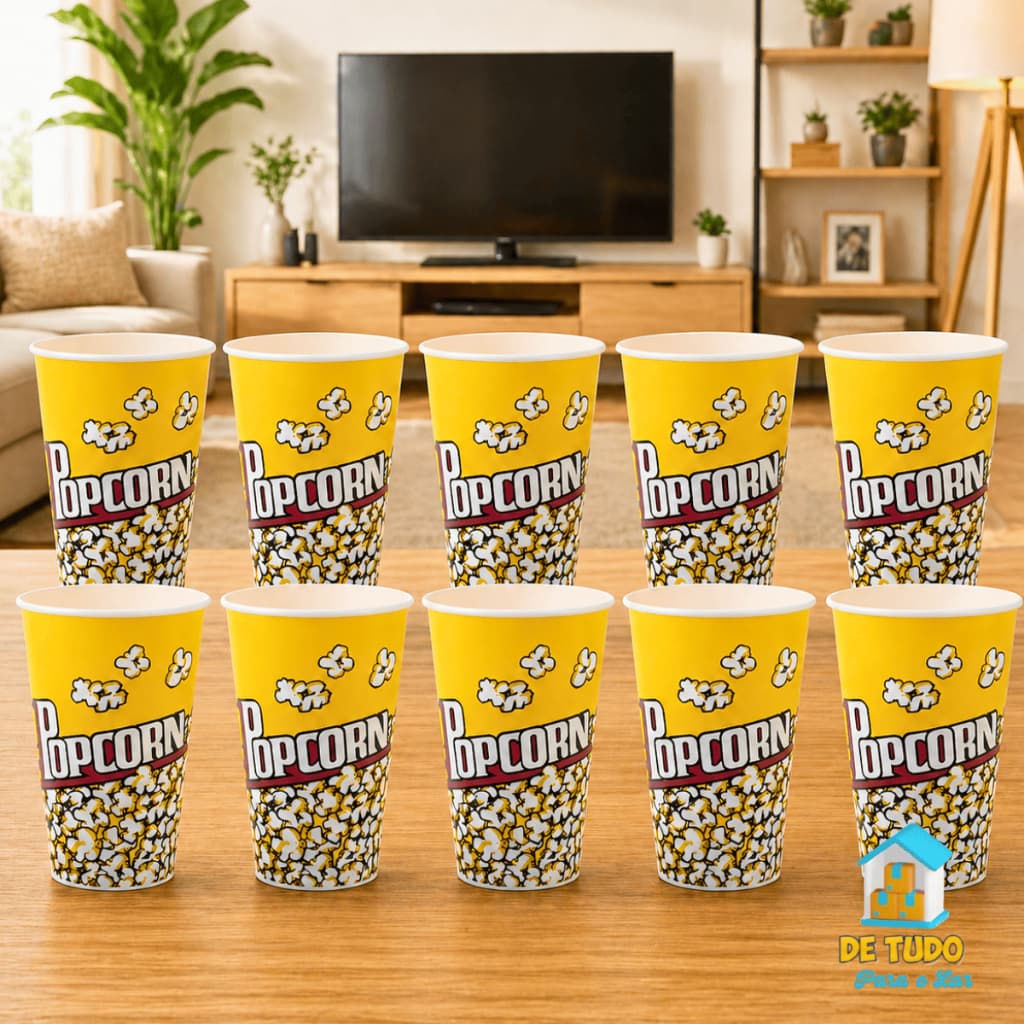 Balde Pote Pipoca Estampa Popcorn Plástico Lavável Reutilizável Casa Cinema Netflix