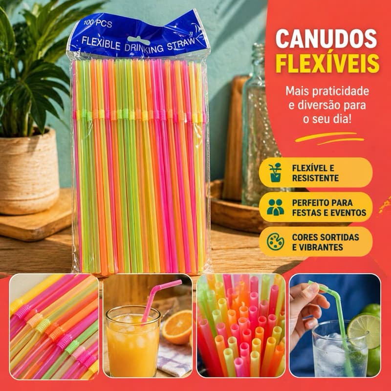 Kit Canudos coloridos flexível de plástico para festas e decorações