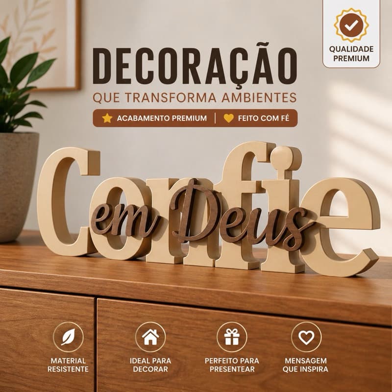 Letreiro Confie em Deus 3D Frase Religiosa Decorativa Sala Quarto Mesa Aparador Cantinho Café Presente
