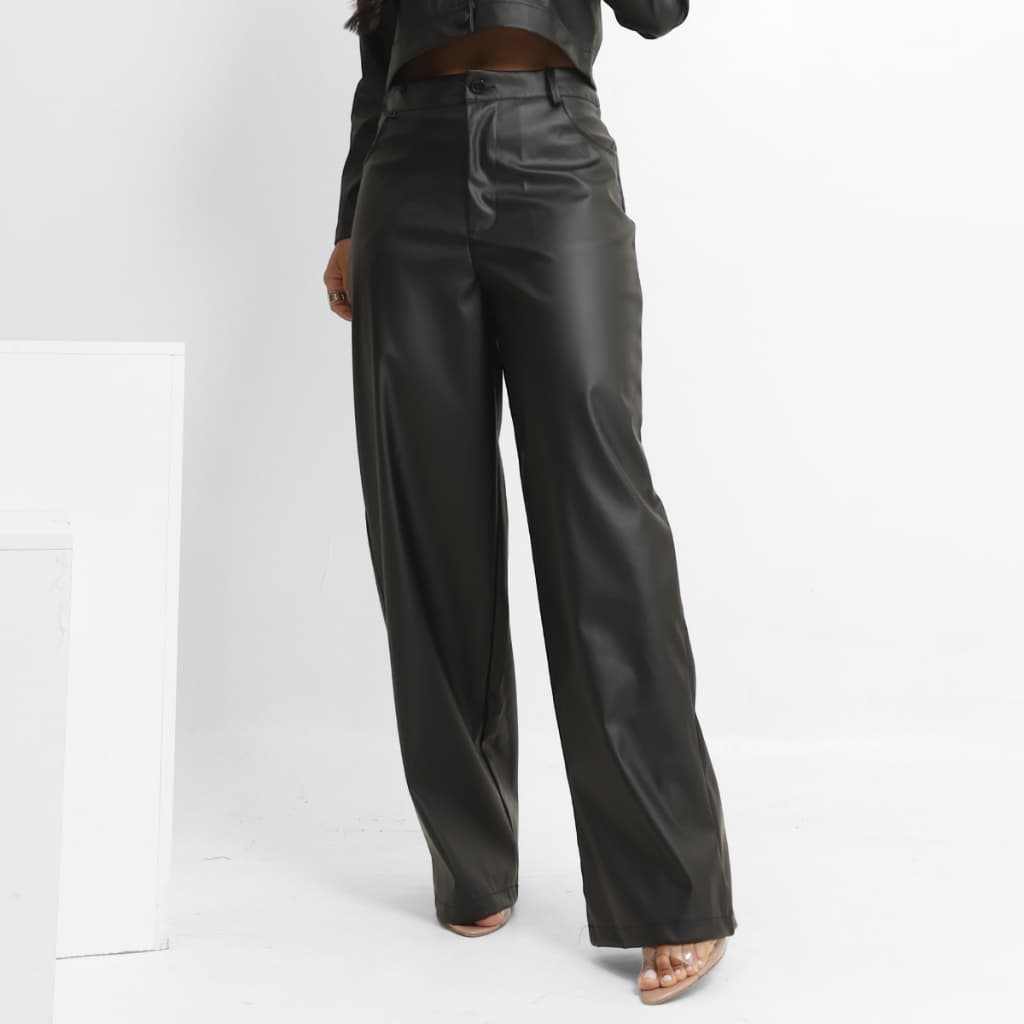 Calça Feminina Wide Leg Couro Fake Pantalona Zíper
