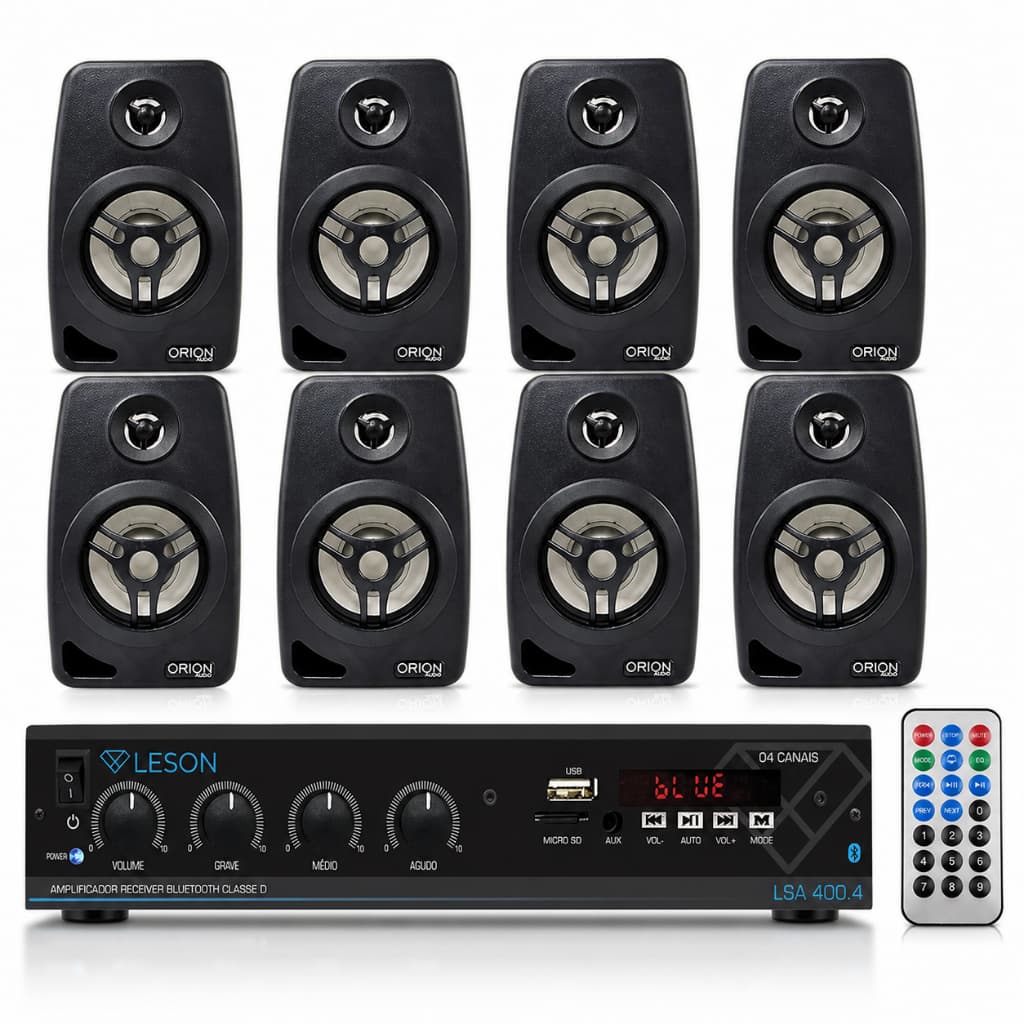 Kit Som Ambiente 8 Caixas 55W + Amplificador 4 Canais Bluetooth USB AUX Le Son | Áudio Profissional Completo