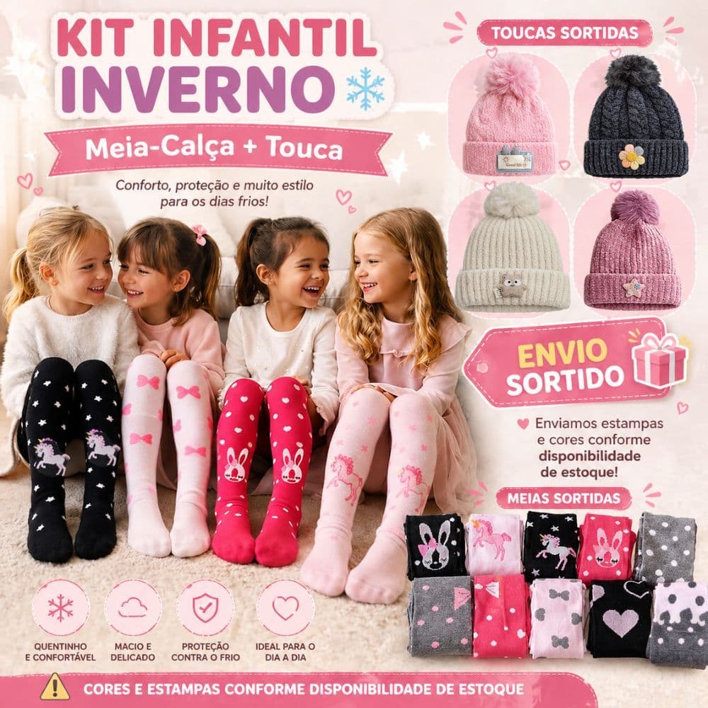 Kit Inverno Infantil Menina 1 Touca Peluciada + 1 Meia Calça Grossa Quente