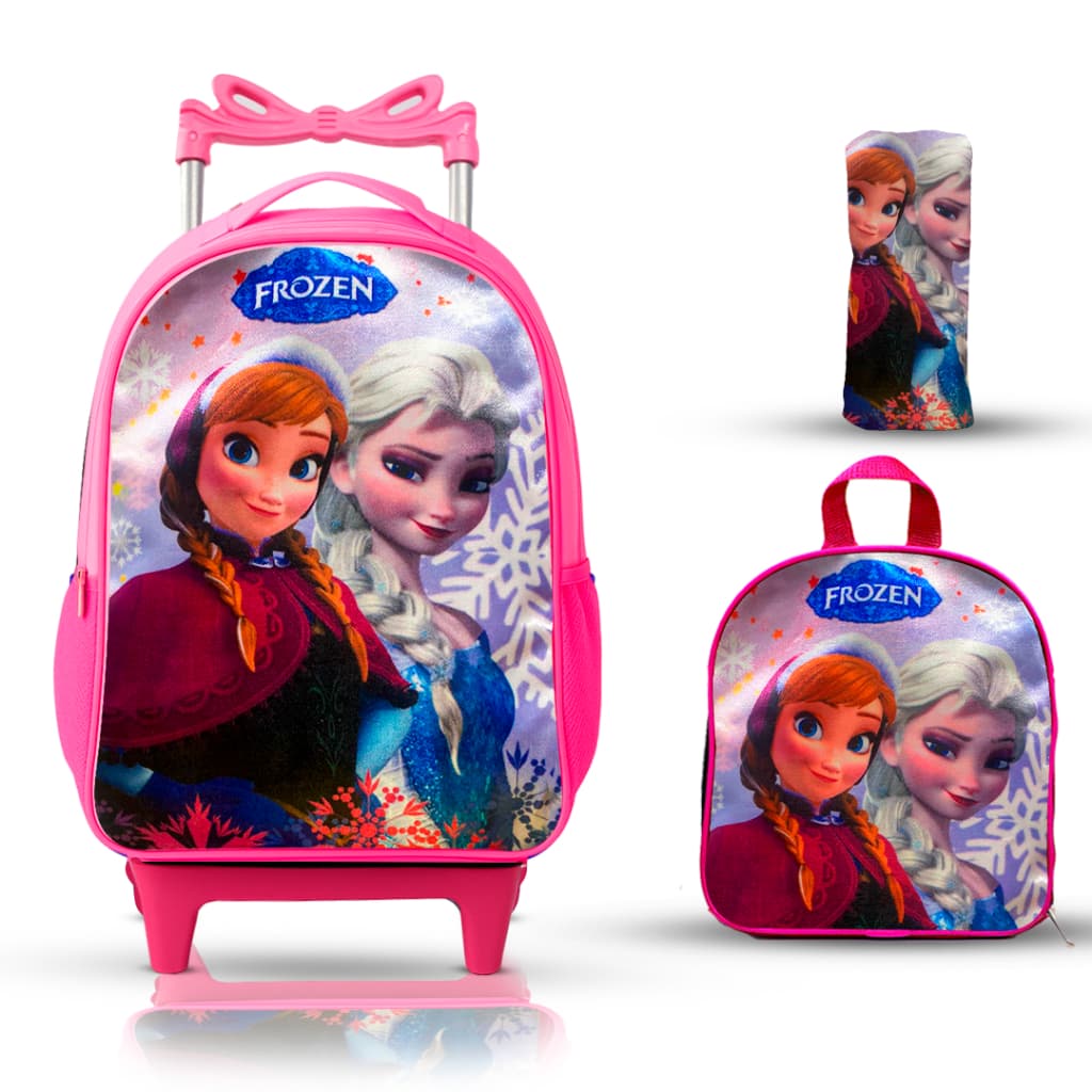 mochila escolar infantil lancheira e estojo frozen com rodinhas