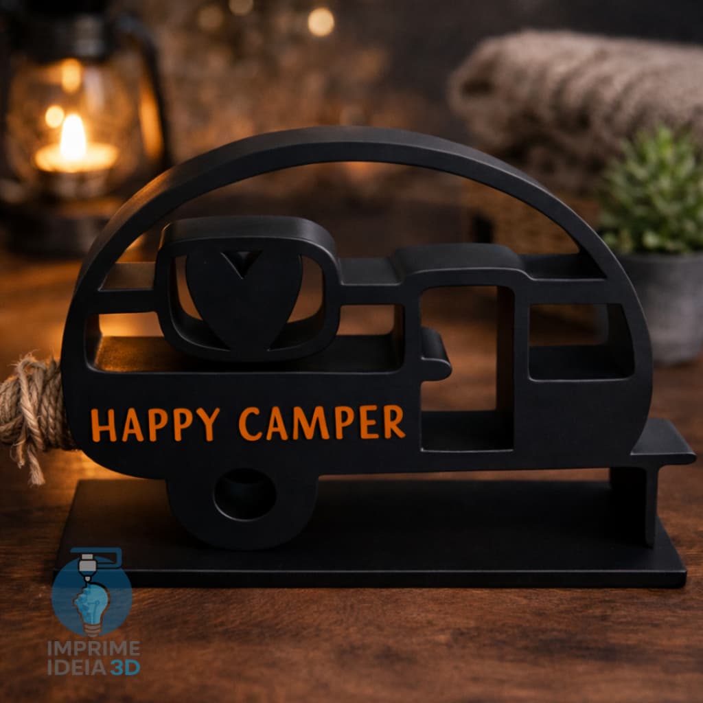 Letreiro Decorativo Happy Camper Trailer 3D Placa Motorhome Camping Enfeite Mesa Presente REF150