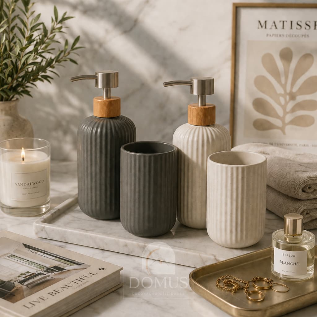 Conjunto Banheiro Ceramica/Porcelana Lavabo Com 2 Peças Porta Sabonete Liquido Porta Escova