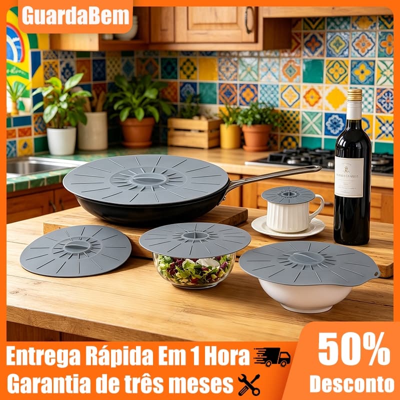 kit 5 peças Tampas De Panela De silicone Multiuso Para Micro-ondas/Panelas Cinza