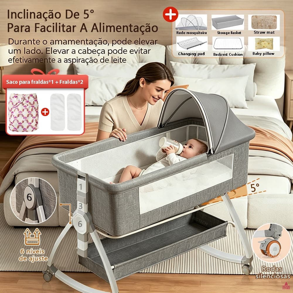 Berço Moisés Portátil Altura Ajustável Anti-asfixia Rodas Silenciosas 360° Apto Para 0-3 Anos