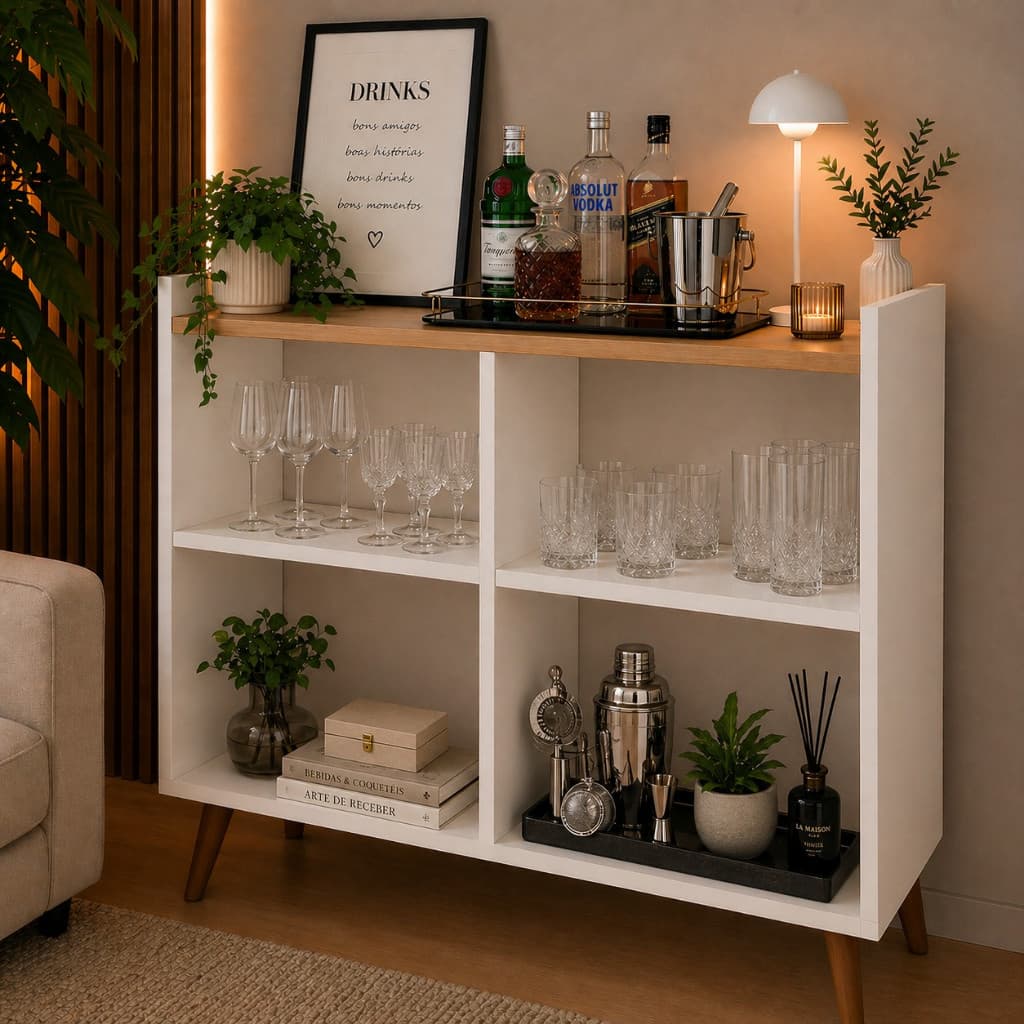 Cantinho da Bebida Aparador Barzinho com Nichos | Móvel Bar para Sala Pequeno Moderno Branco