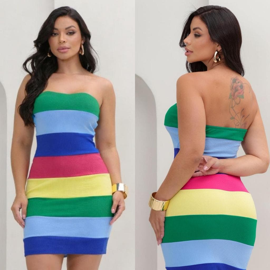 Vestido Vírginia Tomara Que Caia  Curto Com Bojo  Listrado Canelado Premium  Moda Verão P M G