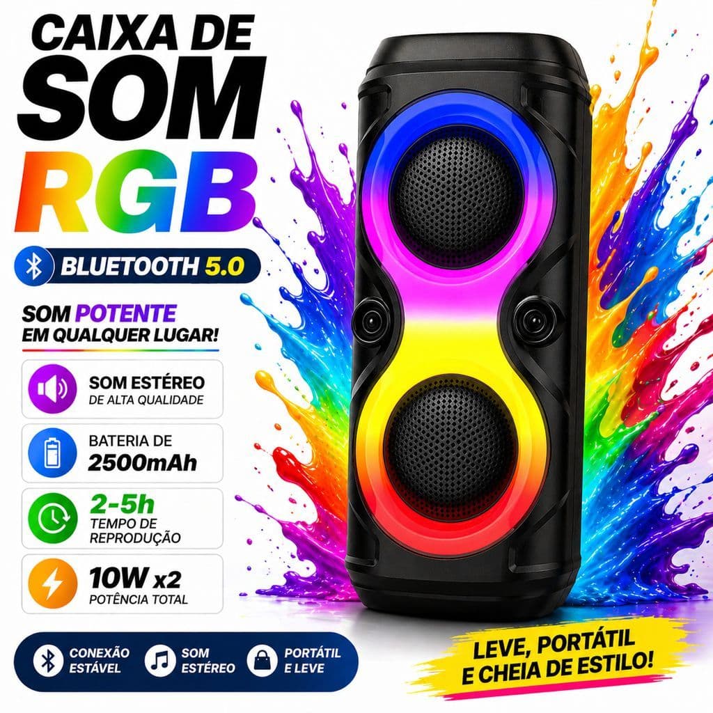 Caixa de Som Bluetooth 20W Potente Bateria 2500mAh Portátil RGB