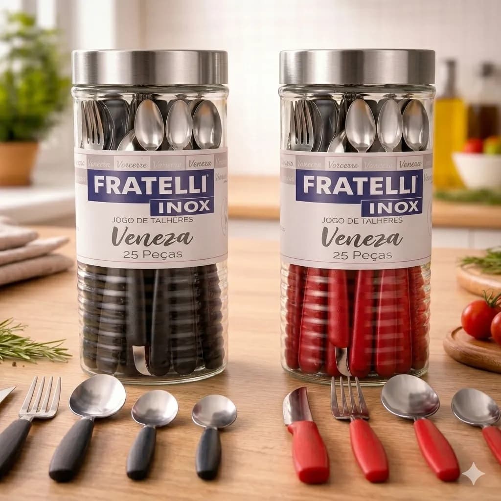 Jogo Talheres 25 Peças Vermelho Preto com Pote de Vidro Organizador Elegante Mesa Cozinha