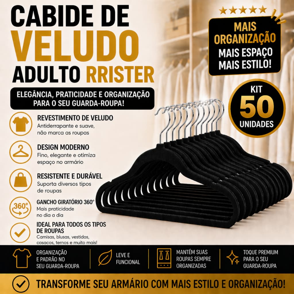 Kit 50 Cabides Veludo RRister Adulto Slim Antideslizante Ultra Fino Não Marca Roupas Economiza Espaço