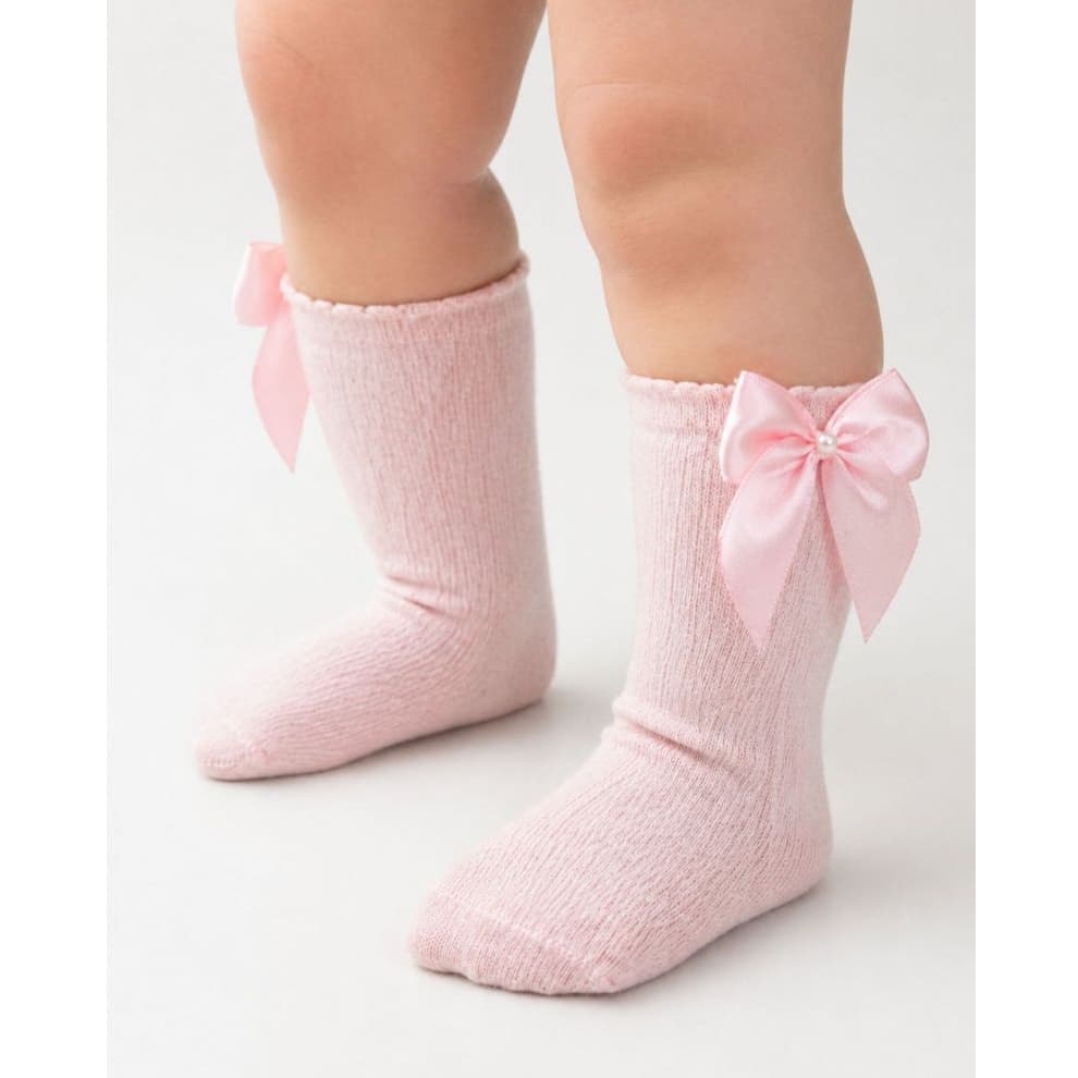 Meia Infantil Cano Longo 3/4 Laço Cetim e Pérola Diversas Cores Luxo Algodão Bebê Menina Look
