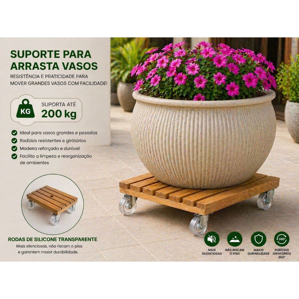 SUPORTE DE VASOS ARASTE QUADRADO COM RODINHA EM SILICONE MEDIDA 35 CM RESISTE PESO ATÉ 200 KG