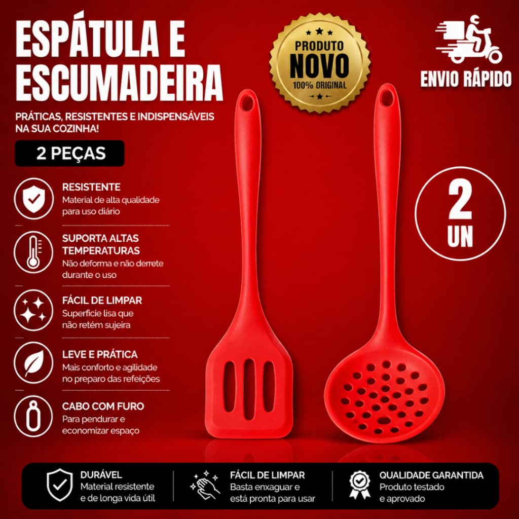 2 Unidades  sendo 1 Escumadeira e 1Espatula  Vazada de  Silicone Vermelho 30cm