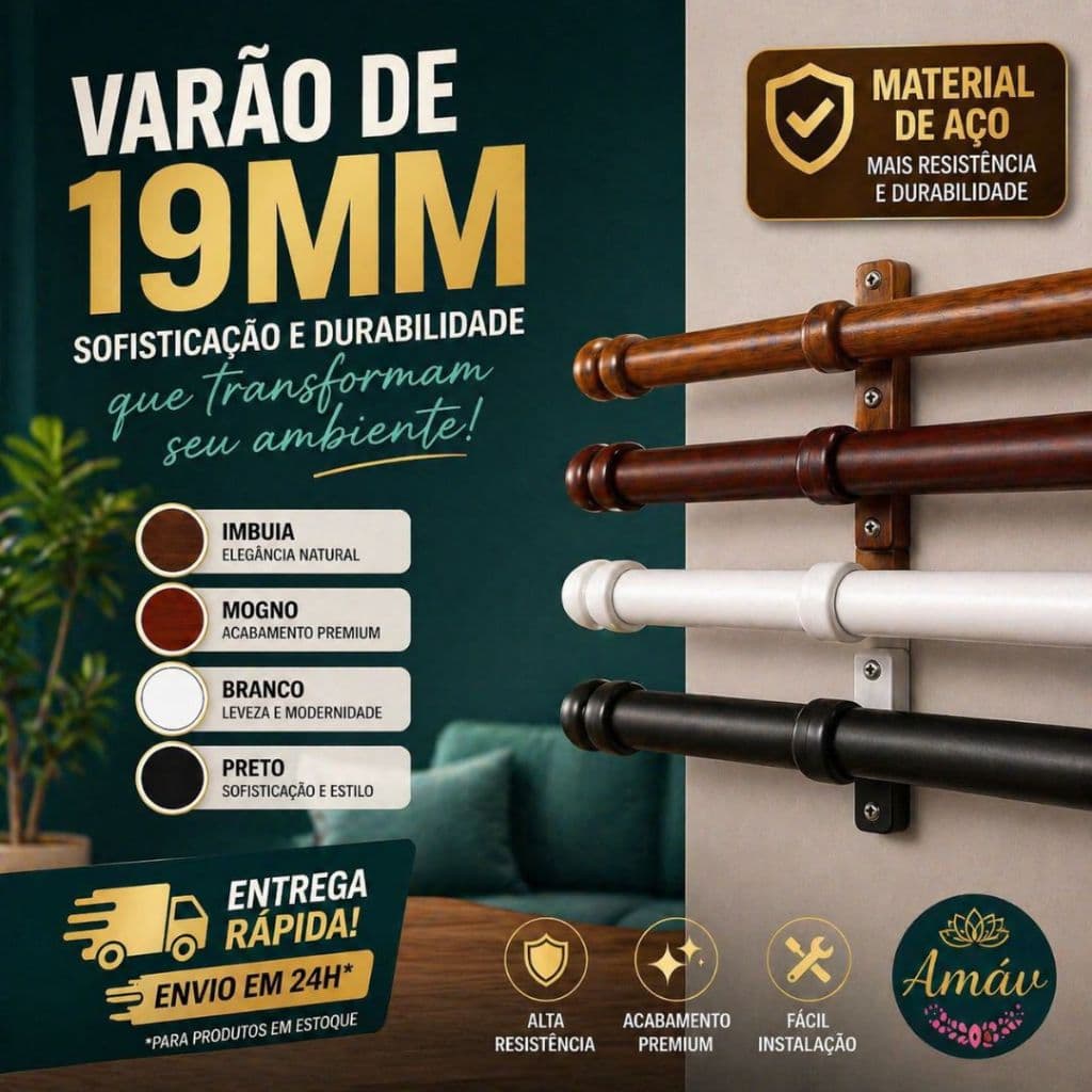 Kit Varão Aço Completo 1-2-3 Metros de Cortina Resistente 19mm