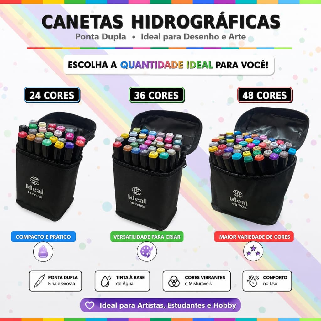 Estojo Colorido Canetas Hidrográficas 24/36/48 Cores Ponta Dupla Vibrantes Arte Desenho Pintura