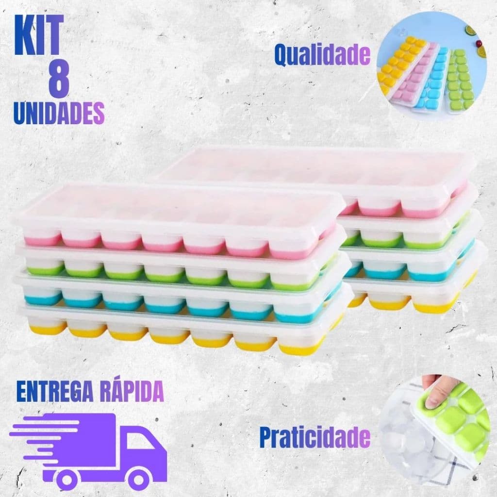 Kit 8 Formas de Gelo Silicone com Tampa Desenformar Fácil Cubos para Freezer