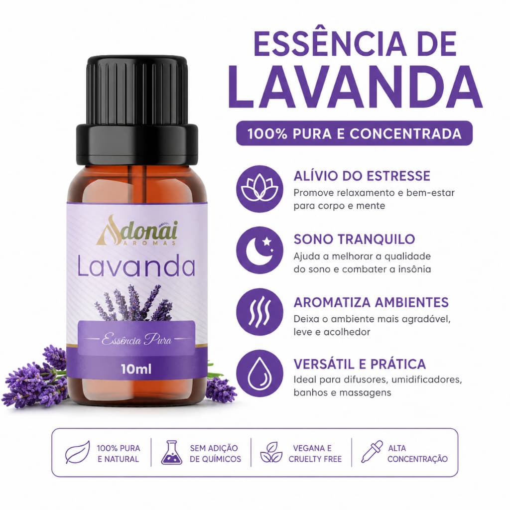 Essencia de Lavanda 10ml 100% Puro Natural Casa Limpa Relaxante Sono Difusor Adonai Aromas