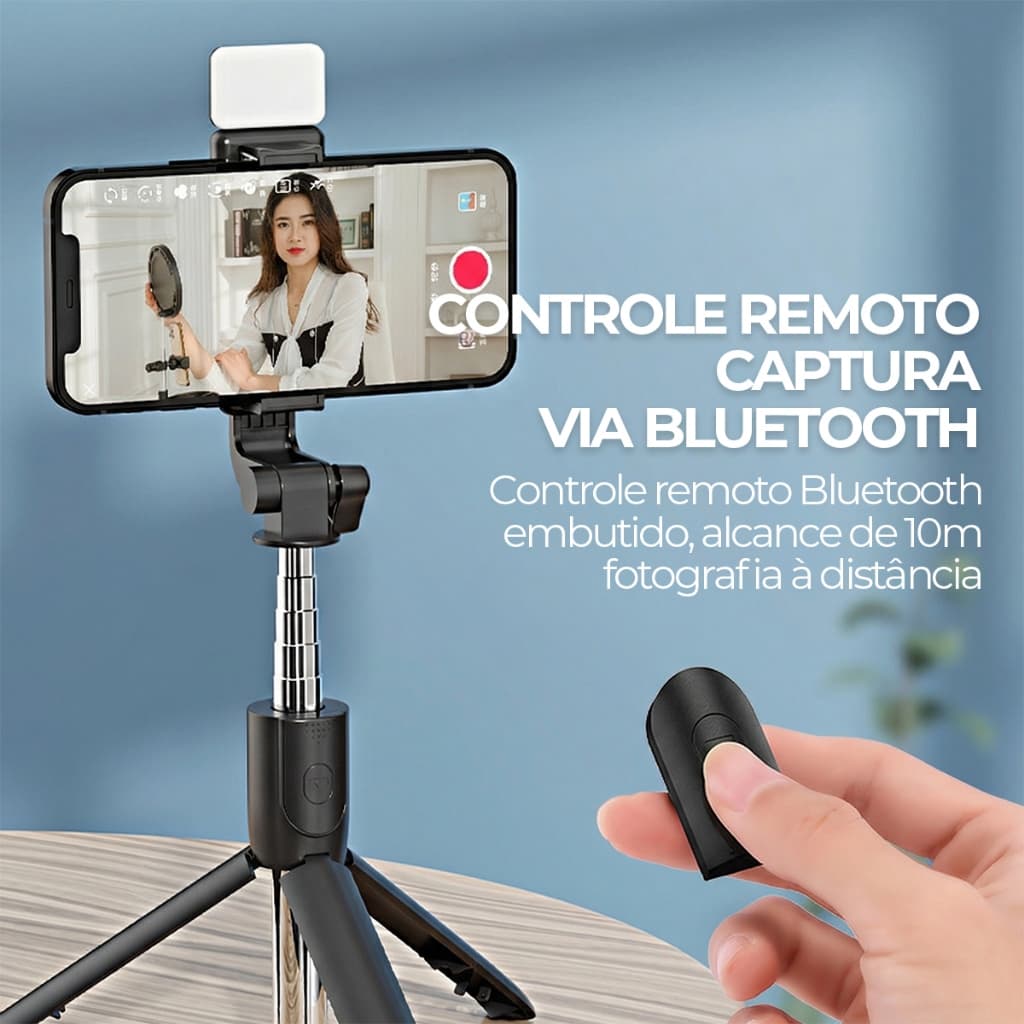 Bastão de Selfie Tripé 3 em 1 com Luz LED Embelezadora e Controle Bluetooth para Fotos e Vídeos