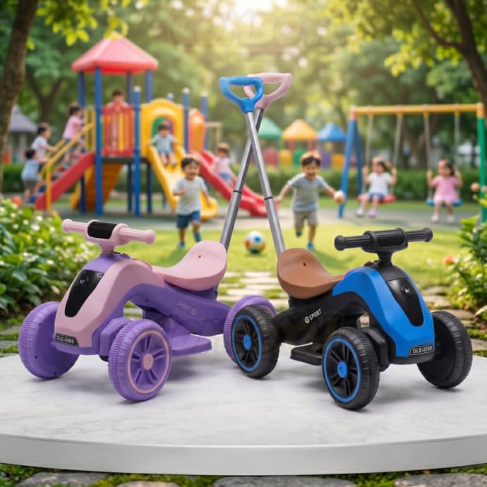 Quadriciclo Moto Elétrica Infantil Menino Menina Diversão Segura C/ Empurrador Estável Azul ou Roxa