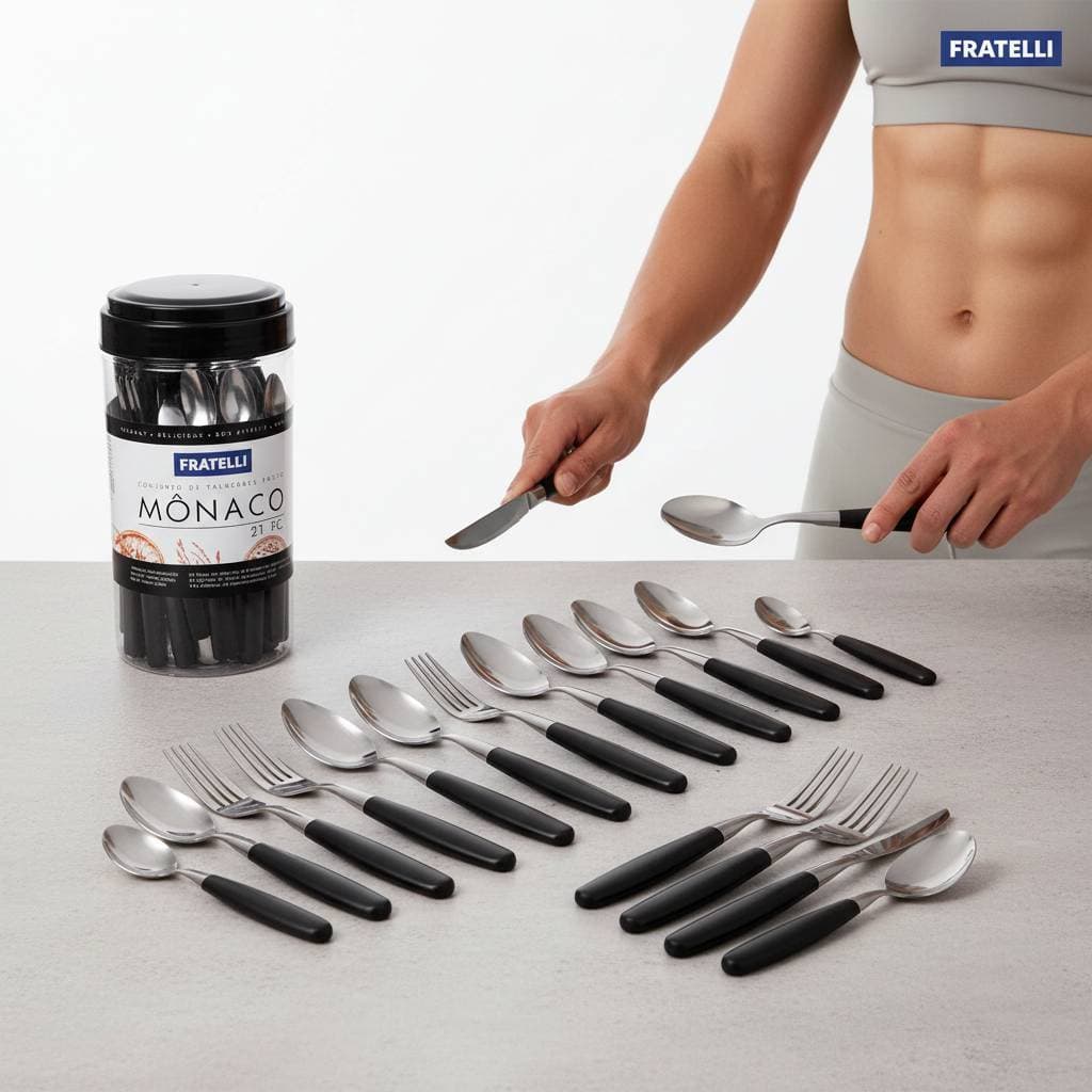 Conjunto Talheres Inox 21 Peças Preto Luxo Kit Monaco Completo Garfo Faca Colher Resistente Moderno Cozinha