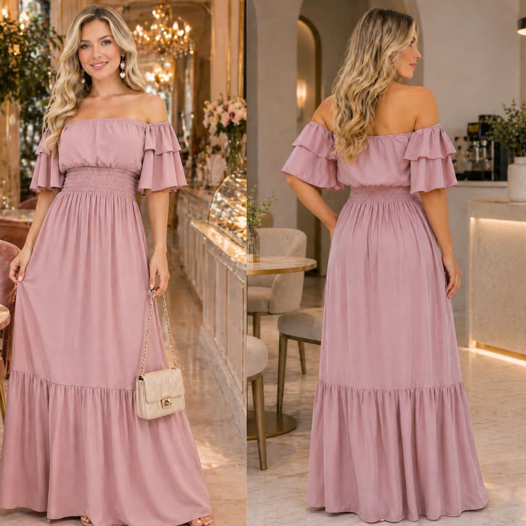 Vestido Longo Feminino Elegante Fluido Cintura Lastex Ombro a Ombro Chic