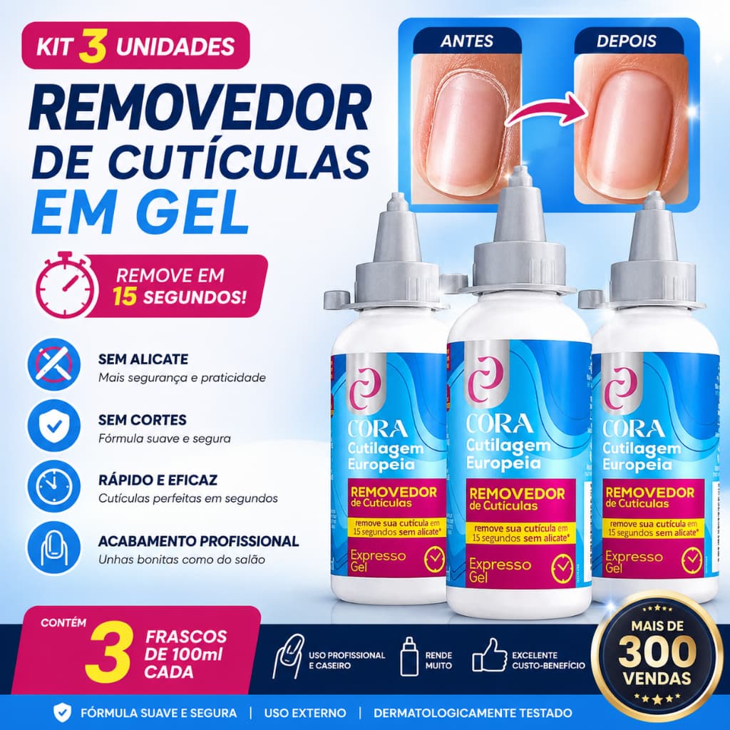 Kit 3 Removedor de Cutículas em Gel 100ml King Cora Remove em 15s Sem Alicate Uso Profissional e Caseiro