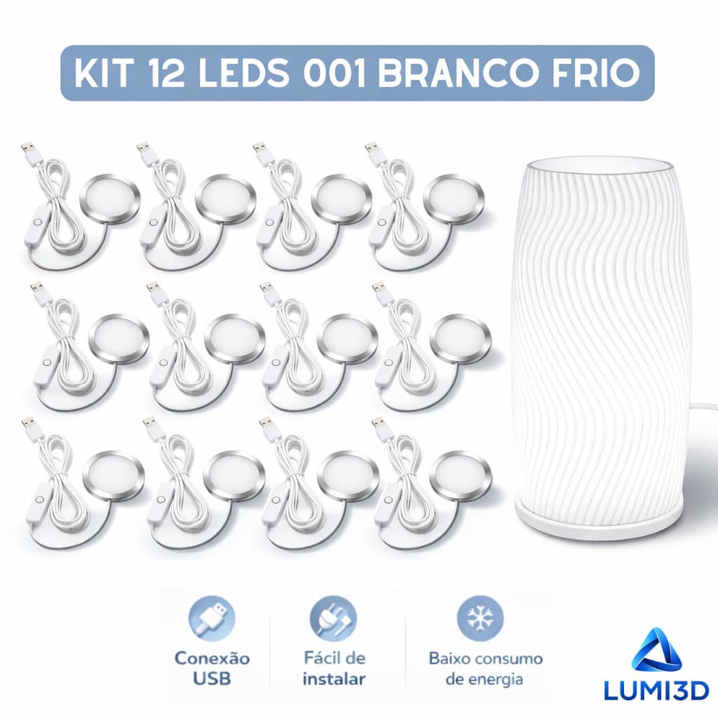Kit 12x LED 001 Branco Frio USB 5V para Impressora 3D Bambu Lab Projeto DIY